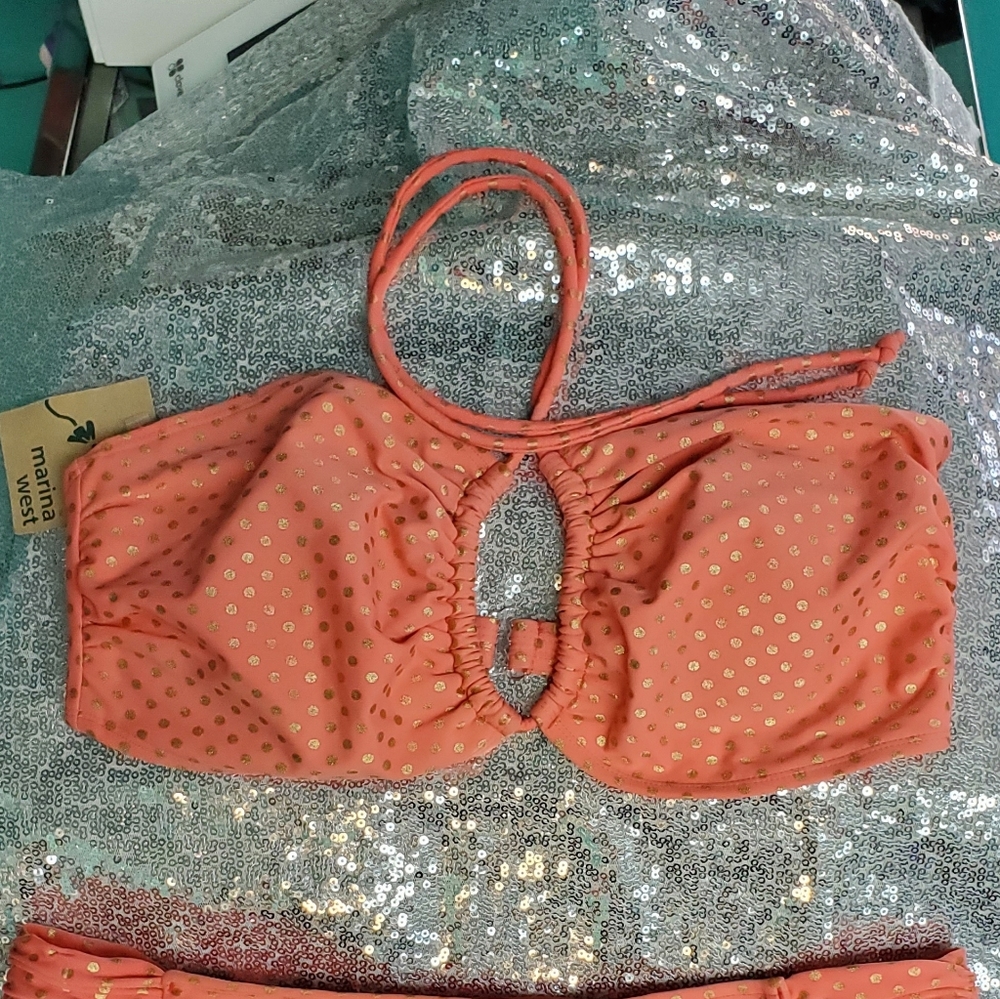 Marina West coral bikini with gold poka dots